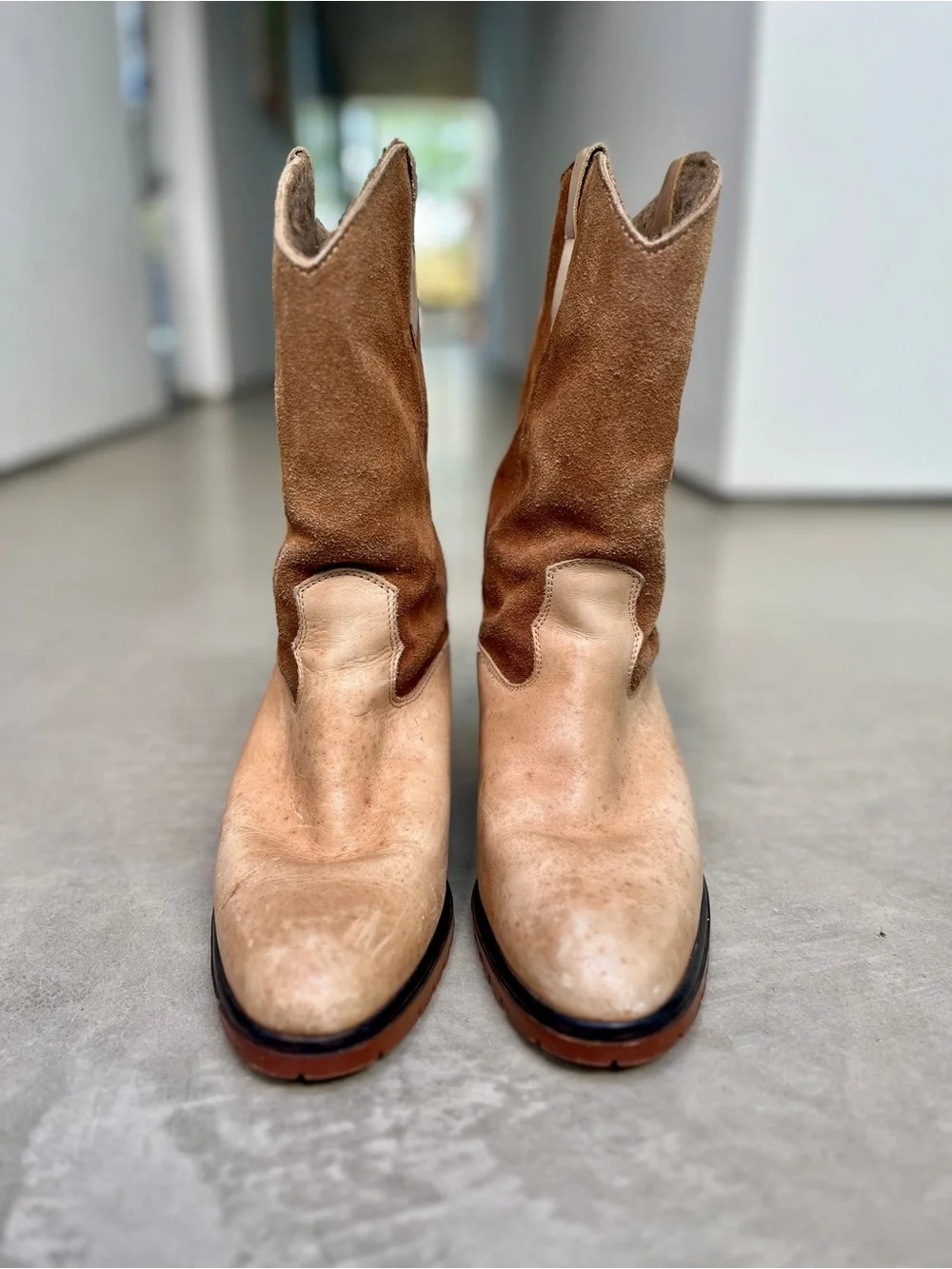 Vintage Two Tone Tan Leather Suede Lug Sole Western Boots